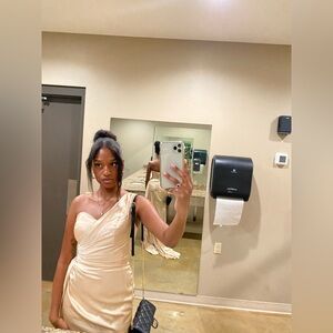 Elegant Gold Champagne Grecian Inspired One-Shoulder Dress